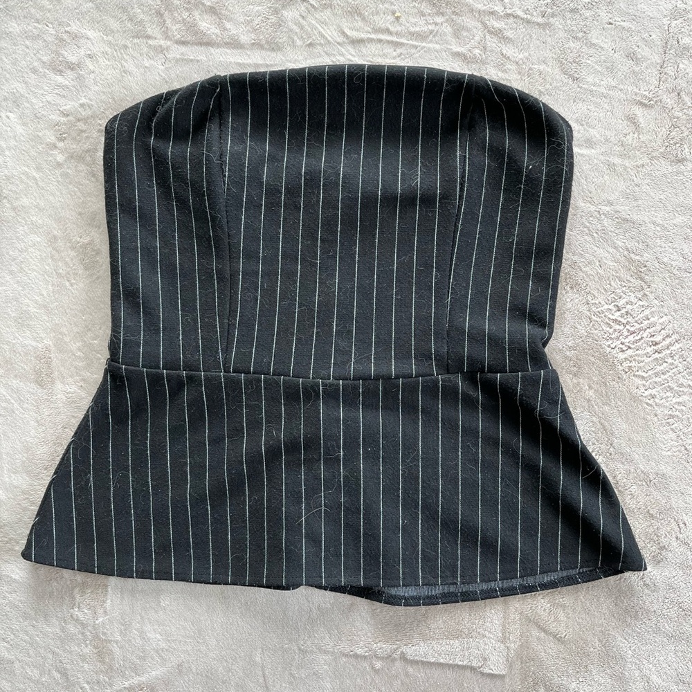 Black Pinstripe Strapless Peplum Top